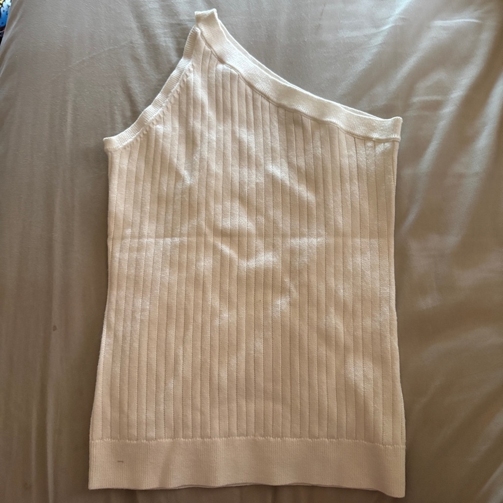 Stitches & Stripes White Ribbed Knit Asymmetrical One Shoulder Tank S